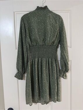 Smocked Waist Long Sleeve Olive Green Dress